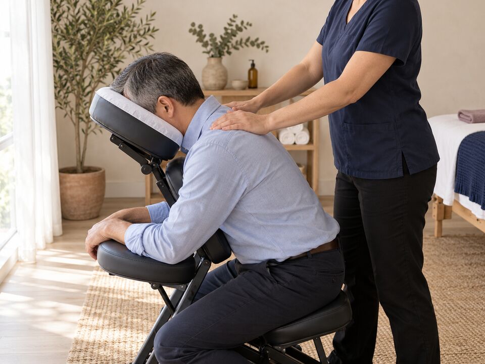 A man in a seated massage chair while the therapist kneads his shoulders