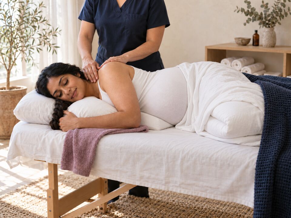 A pregnant client lying on her side on supportive pillows while the therapist works on her shoulder