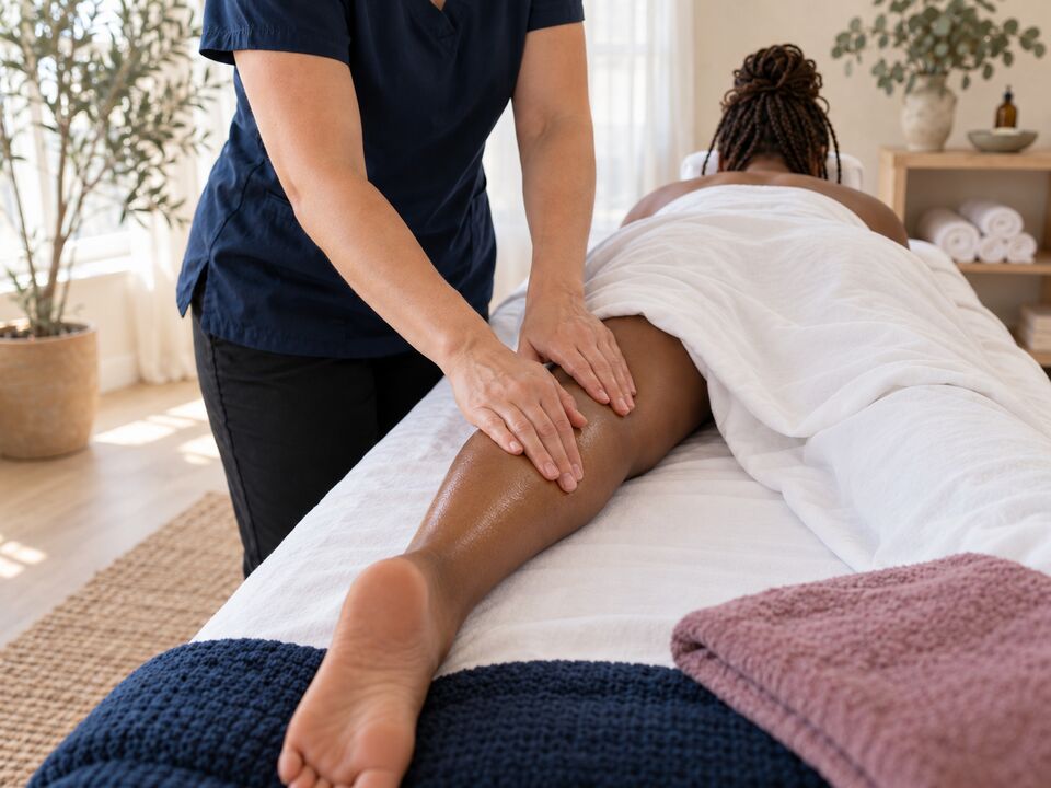 A therapist gliding both hands up a woman's calf in a long, oiled stroke