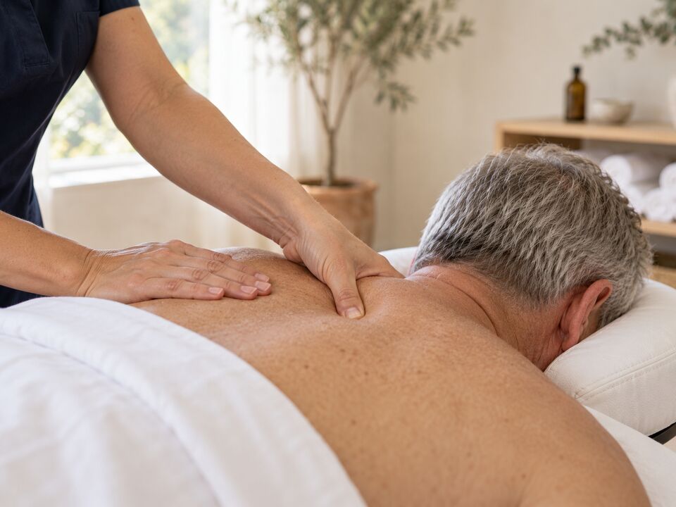 A therapist pressing her thumb into a knot at the top of a client's shoulder